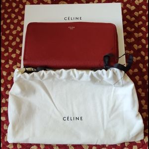 Celine Red Drummed Calf Zip Wallet